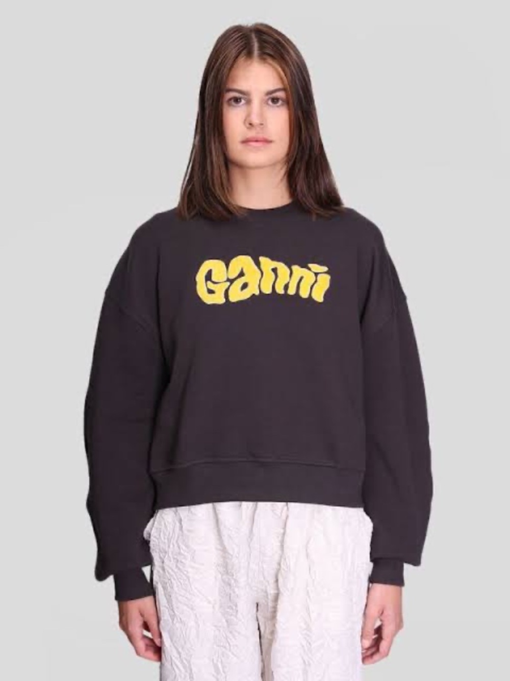 GANNI Isoli Logo Sweatshirt Phantom XS Yellow Textured Crewneck Cropped Pullover